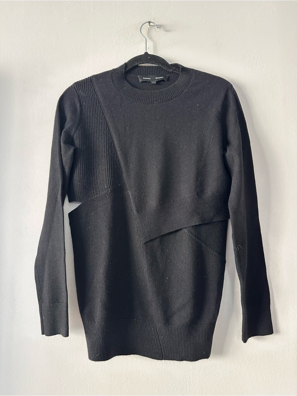 Proenza Schouler PSWL Asymmetric Cutout Ribbed Knit Crewneck Sweater Black XS